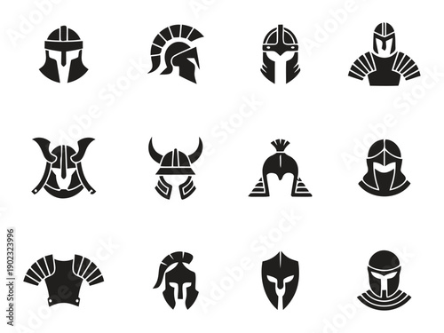 Assortment of historical helmets and armor pieces including knight samurai viking and spartan styles