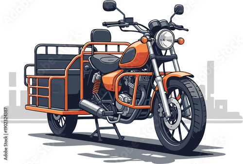 Heavy duty cargo tricycle motorcycle with large carrier rack for delivery service vector