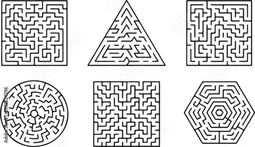 A diverse collection of six black and white mazes, each with unique geometric shapes, designed for challenging puzzle-solving and stimulating cognitive skills