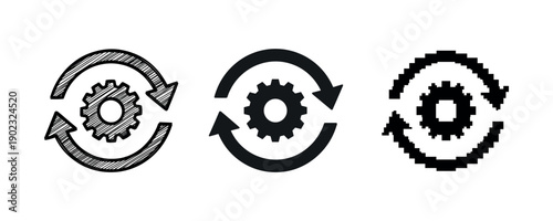 Gear and arrows: three versions of settings icon in sketch, solid, and pixel styles