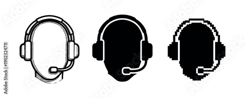 Set of headphone-wearing silhouette icons in sketch, solid, and pixel styles