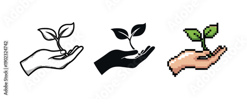 Hands holding seedling in line art, silhouette, and pixel art styles