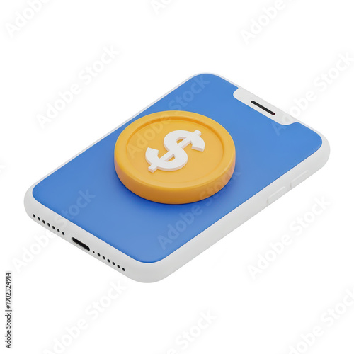 Wallpaper Mural Smartphone with dollar coin on top on blue and transparent background Torontodigital.ca