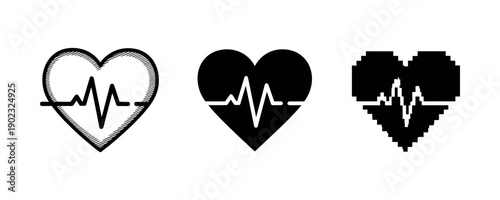 Three heart icons with ekg lines: sketch, solid, pixel art designs