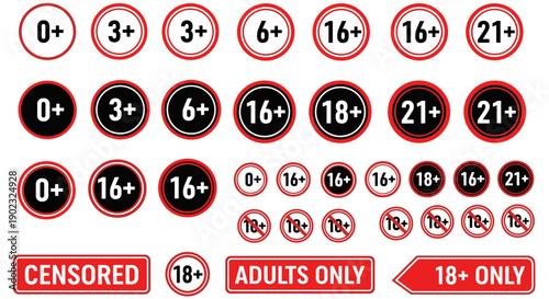 Age Restriction Icons Set – 18+ Adults Only, Censored, and Age Rating Labels