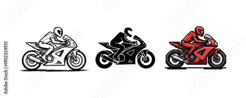 Motorcycle racer silhouettes in black, red, and line art styles