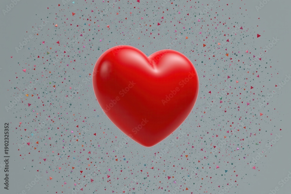 custom made wallpaper toronto digitalLarge glossy red 3D heart surrounded by colorful confetti triangles on gray background, symbolizing love, romance, affection, joy, and Valentine’s Day celebration in modern design.