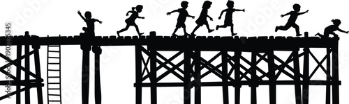 Silhouette of children running and playing on wooden bridge, kids outdoor adventure playground scene, childhood fun activity concept illustration isolated on white background.