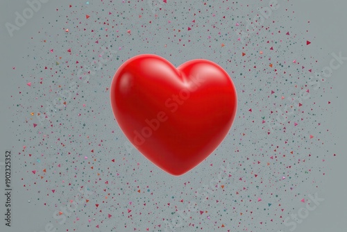 Wallpaper Mural Large glossy red 3D heart surrounded by colorful confetti triangles on gray background, symbolizing love, romance, affection, joy, and Valentine’s Day celebration in modern design. Torontodigital.ca