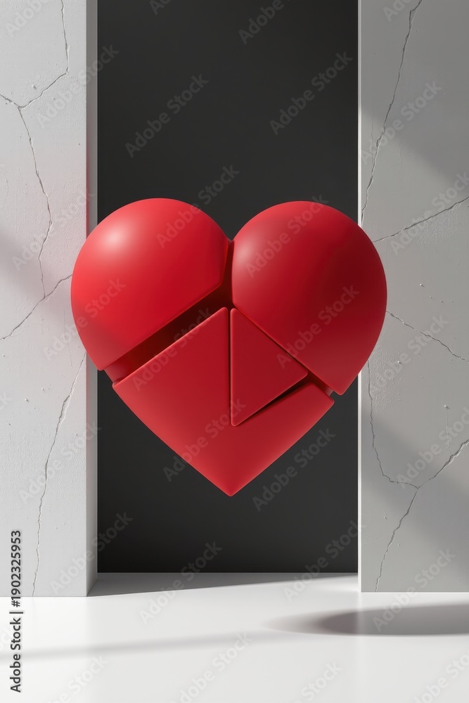 custom made wallpaper toronto digitalGeometric red 3D heart composed of angular puzzle-like segments, set against cracked white walls and dark background, symbolizing modern love and abstract emotion.