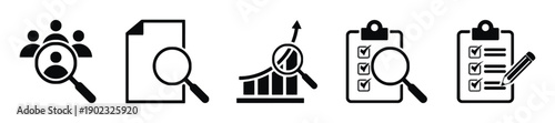 Business research and analysis icons with magnifying glass charts and documents