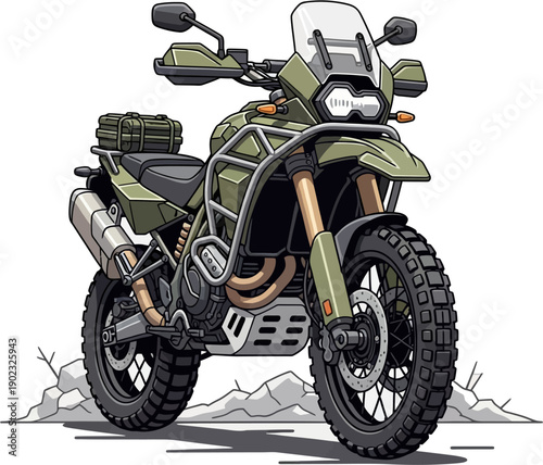 Tactical military offroad motorcycle for reconnaissance and army tactical operations vector