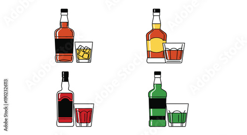 Four stylized illustrations of liquor bottles and glasses