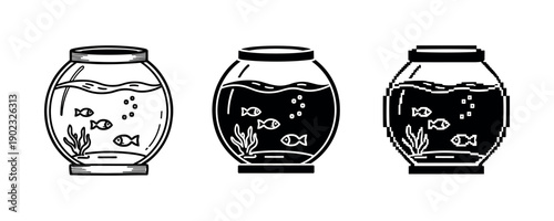 Triple fishbowl illustration: variations in style and detail with fish