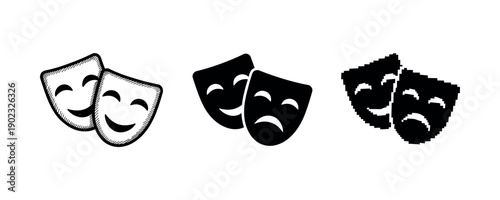 Comedy and tragedy masks: smiling and frowning theater icons in black and white