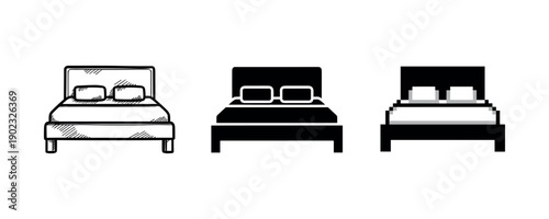 Three styles of bed illustrations: sketch, solid, pixel art