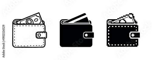 Set of three wallet icons with money variations in black and white