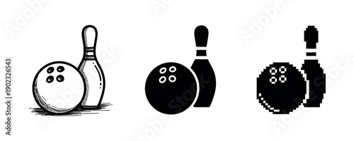Bowling ball and pin icons in sketch, solid, and pixel art styles