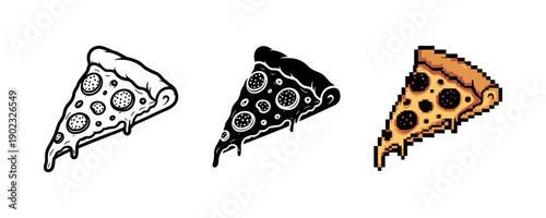 Variety of pizza icons: outline, silhouette, and pixel art styles