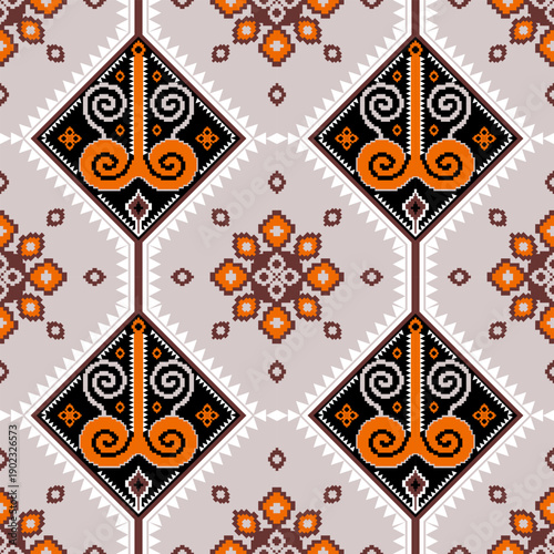 Ethnic ikat dye yarns weaving seamless pattern. Vector hand drawn craftsmanship embroidery bohemian, brown and black abstract square geographic art fabric ikat textile material design for clothing 