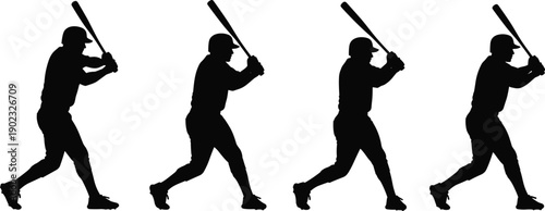 Baseball batter silhouette sequence with bat raised, athlete swing motion illustration, sports training poses isolated on white background studio design