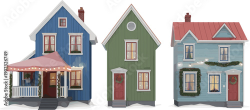 Christmas village houses illustration with cozy winter decorations isolated on white background, festive holiday homes artwork for greeting cards, branding