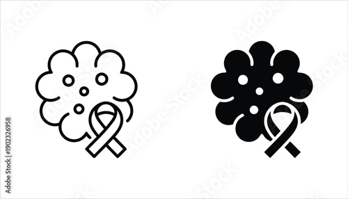 Cancer cell line and solid icons with awareness ribbon symbol for healthcare