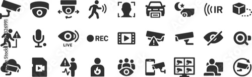 CCTV security camera icons for surveillance, monitoring, and detection, featuring face recognition and motion detection