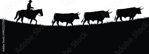 Cowboy herding cattle silhouette on horseback isolated on white background, western ranching livestock scene illustration for agriculture, farming, tradition, concept