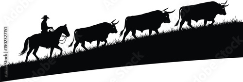 Cowboy herding cattle silhouette on hillside isolated on white background, western ranching livestock movement illustration for agriculture, farming, tradition, concept