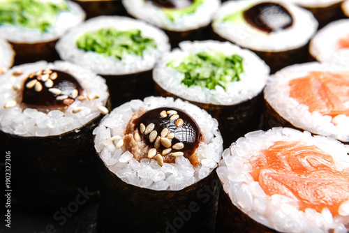 Sushi set: salmon, avocado, eel