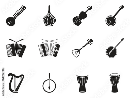 Collection of diverse musical instruments including string wind and percussion types
