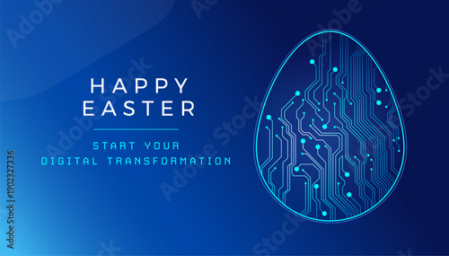Easter technology background with abstract circuit board Easter egg pocking, and Start Your Digital Transformation text - modern corporate business vector illustration