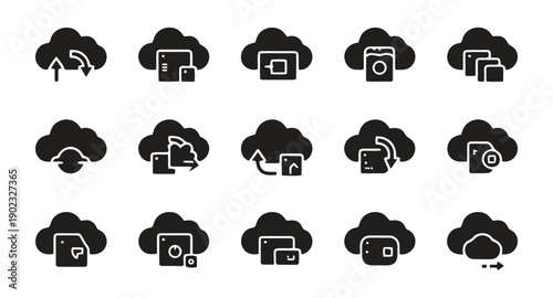 Collection of cloud computing icons representing data upload download and storage services