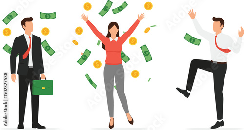 Flat vector illustration of happy business people celebrating financial success with falling money banknotes and gold coinsting