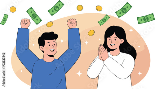 Flat vector illustration of a happy couple celebrating financial success with falling money banknotes and gold coin