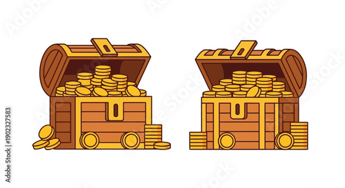Two open wooden treasure chests overflowing with golden coins and jewels