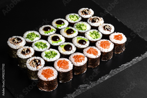 Sushi set: salmon, avocado, eel
