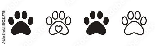 Collection of paw print icons with hearts, conveying pet love and veterinary themes