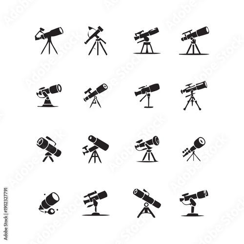 Collection of sixteen telescope icons, astronomy and observation vector graphics