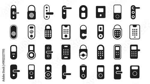 Collection of smart lock and door handle icons for modern home security systems
