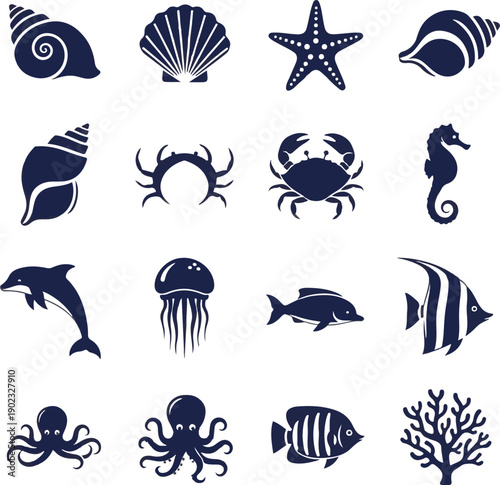 Oceanic silhouette icons featuring various sea creatures and shells