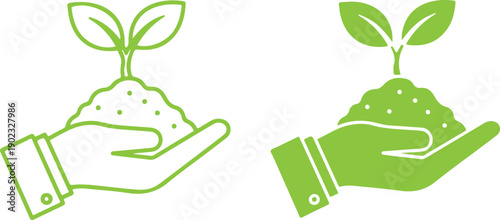 Hands holding soil with seedlings, symbolizing growth and nurturing. Vector, illustration