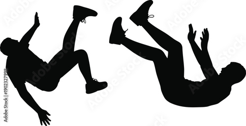 Silhouette of falling man in different positions, accident or slip concept, danger and injury risk, falling body pose illustration isolated on white background.