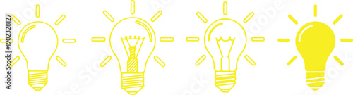 A series of lightbulb icons in yellow on a white background representing ideas and inspiration Vector, illustration