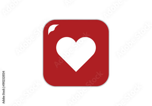 Red heart symbol on button with glossy effect and white background