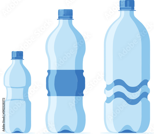 Flat vector illustration set of three plastic water bottles of varying sizes with blue caps and labels isolated on a white background