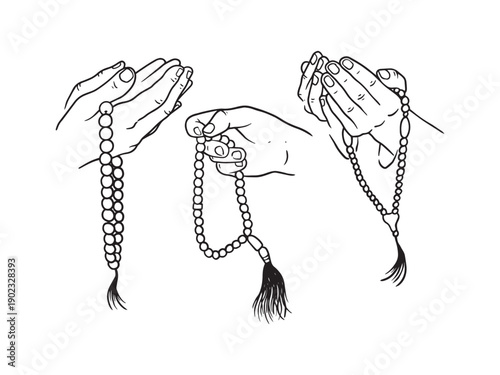 hand drawn hand praying with tasbih or rosary illustrations