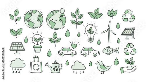 Eco-Friendly World: A collection of charming hand-drawn illustrations that celebrate environmental sustainability, from renewable energy sources to recycling, and embracing eco-consciousness.