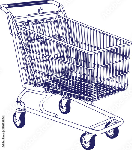 A blue shopping cart with wheels on a white background, depicted in a dotted line style. Vector, illustration